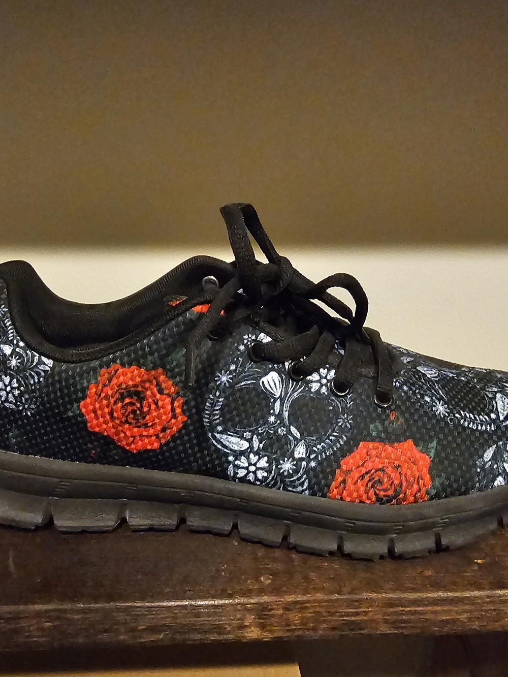 Women's Black Athletic Shoe with Red Rose Skull Accent